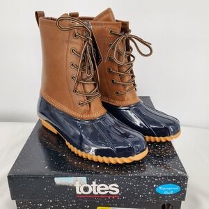 Totes Womens 8M ArielTan Waterproof Duck Winter‎ Lace Up Boots Brown Blue New